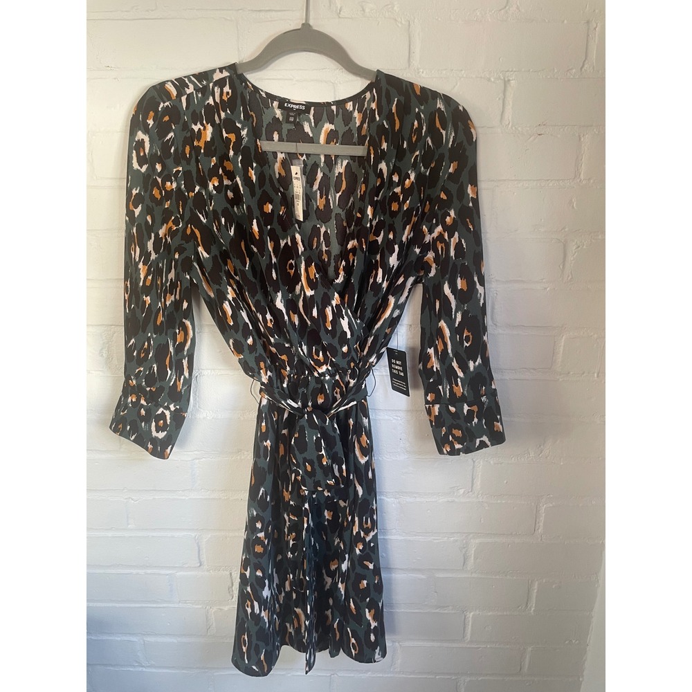 NWT EXPRESS Leopard Print Wrap Midi Dress Green Black Orange Women's XXS
